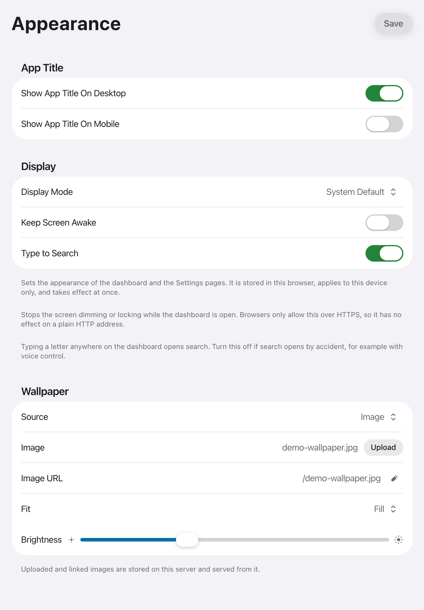 The Appearance section of the admin UI